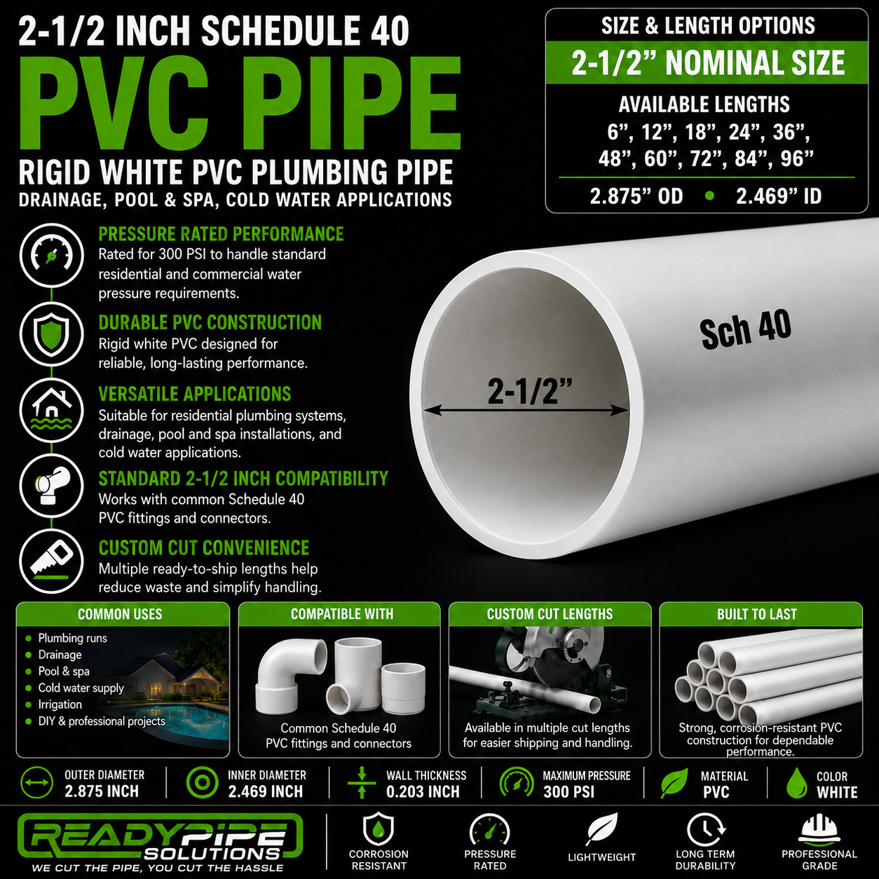 2-1/2" PVC Pipe | Schedule 40 | Custom Cut Lengths 12"-96" | Pool Repair & DIY gallery