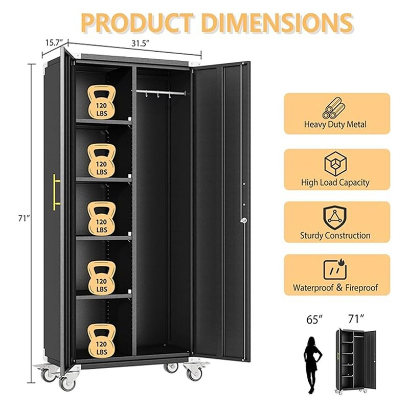 71" Rolling Metal Tool Cabinet, Lockable Cleaning Cabinet with Hooks for Garage gallery