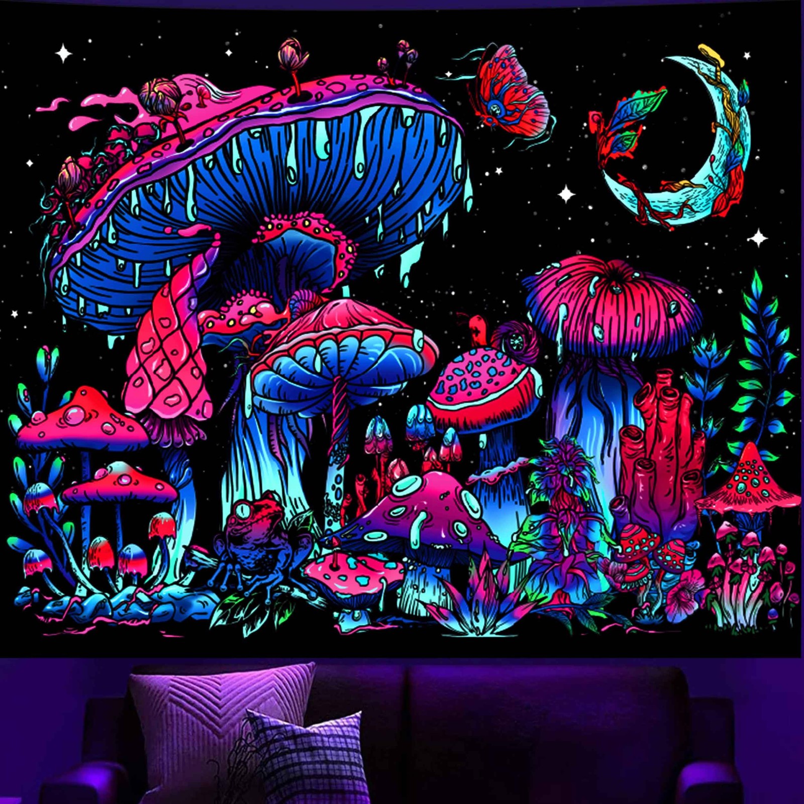 UV Reactive Blacklight Tapestry Mushroom Glow In The Dark Wall Art 80"x60" gallery