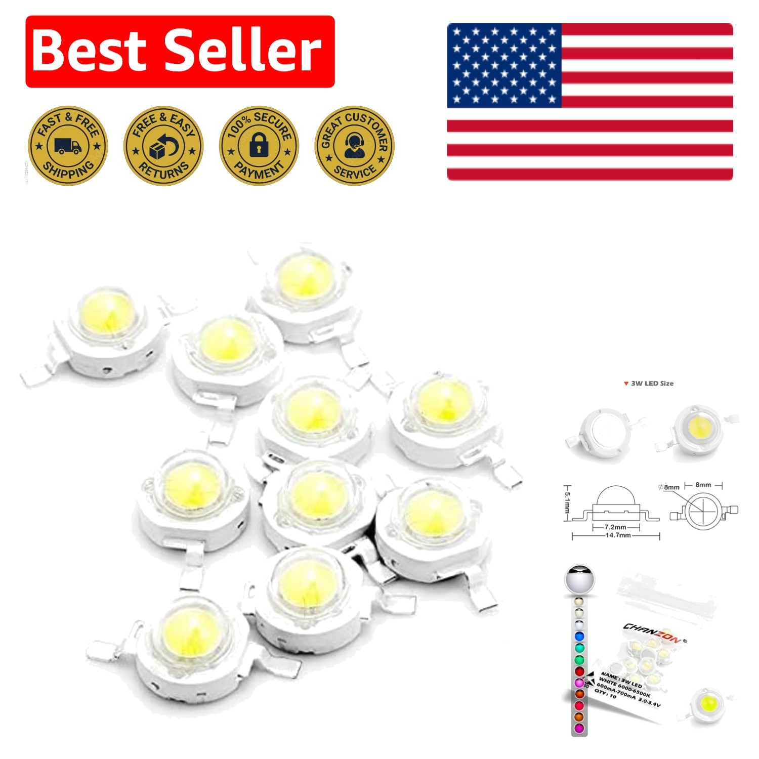 6000K-6500K 3W LED Chip Set - 10 Pcs White Light for Home Lighting Solutions gallery