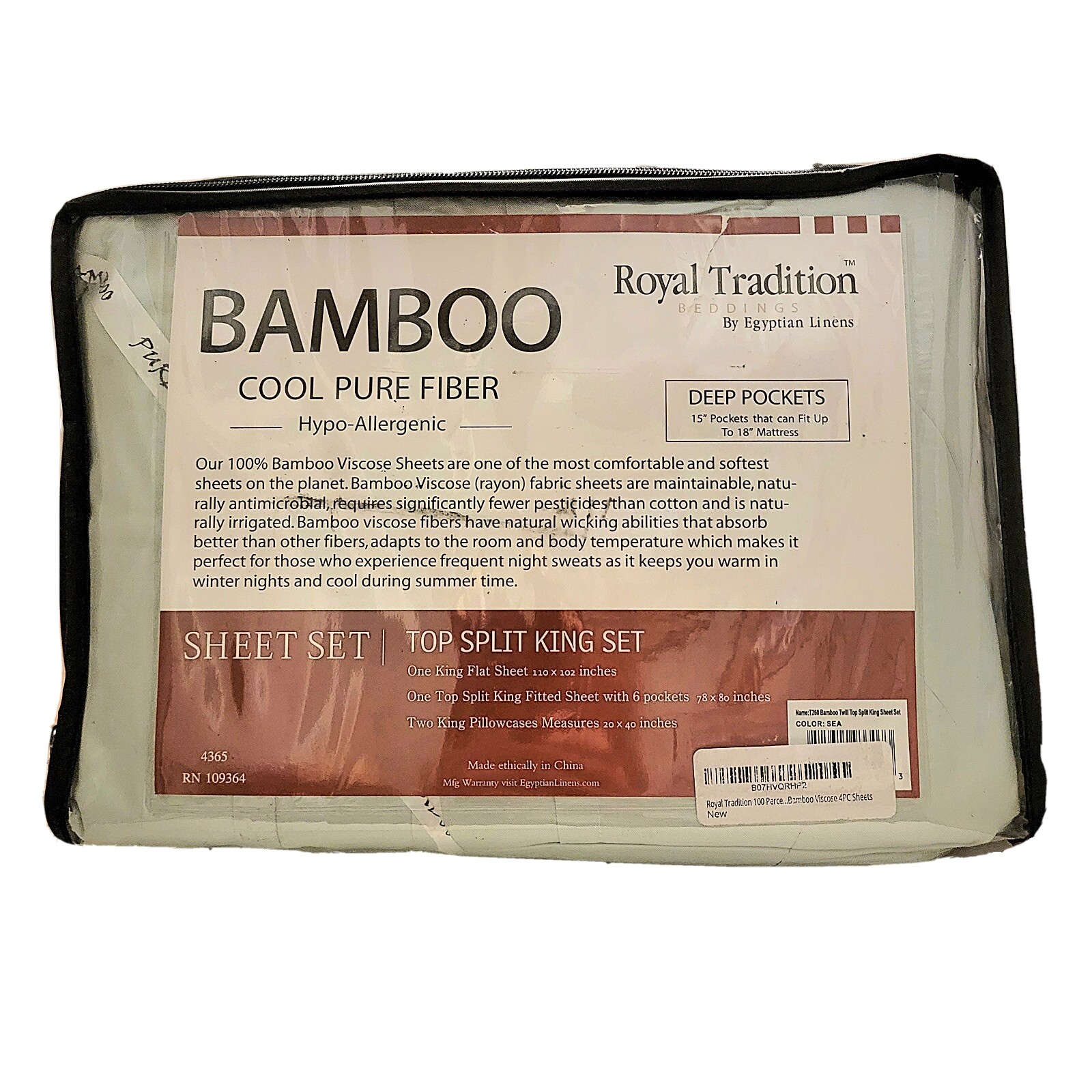 Egyptian Linens Royal Tradition Split King Sheet SET SEA 100% Bamboo Viscose NIB gallery