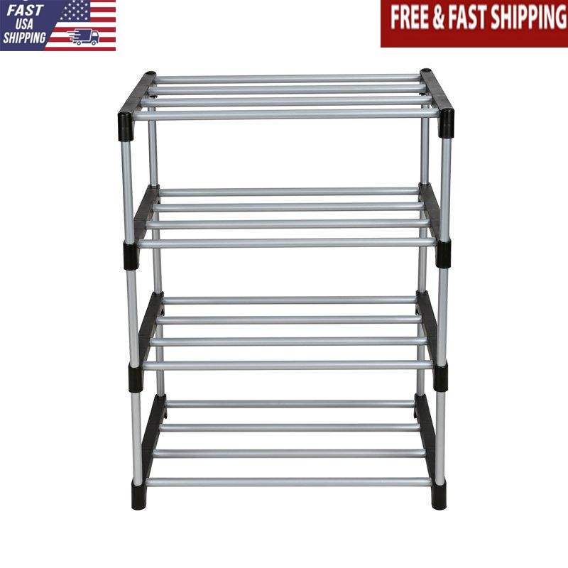 4 Tier Shoe Rack Black/Silver Stackable Fits 8 Pairs Easy Assembly Space-Saving