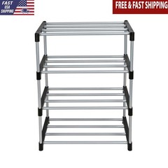 4 Tier Shoe Rack Black/Silver Stackable Fits 8 Pairs Easy Assembly Space-Saving