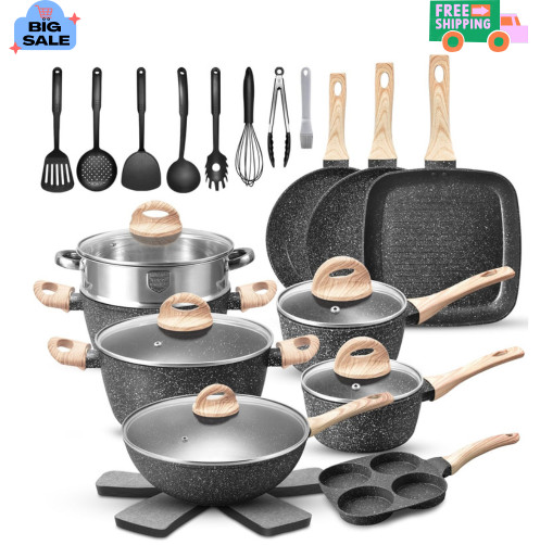 31 Pcs Pots and Pans Set Non Stick, Black Granite Induction Cookware Set, Non To gallery