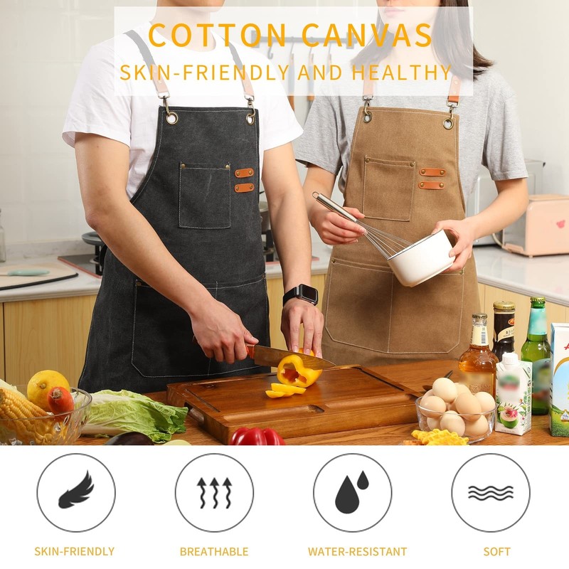 Canvas Cross Back Chef Apron, Adjustable Straps, Large Pockets, Brown gallery