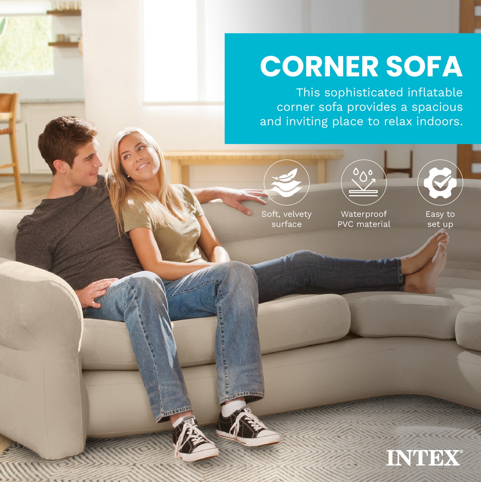 Intex Inflatable Corner Living Room Air Mattress Sectional Sofa Couch, Beige gallery