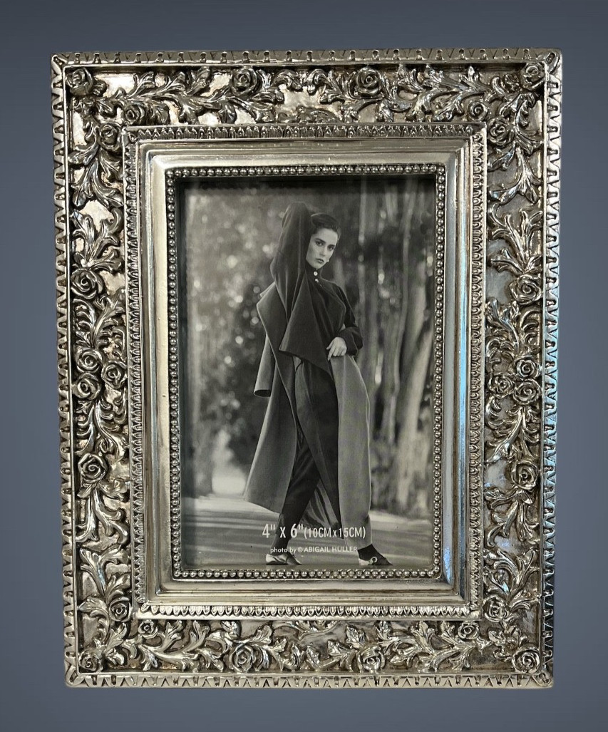 Picture Frame Ornate Silver Tone Floral Roses 7x9 Frame for 4x6 Photo Easel Back gallery