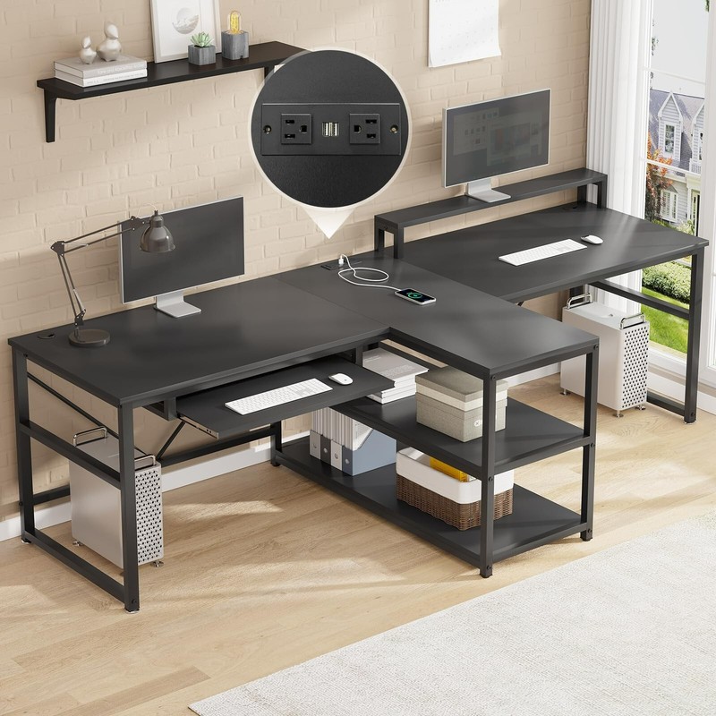 Home Office Work Table Black Computer Desk Two Person Gaming Desk with LED Light gallery