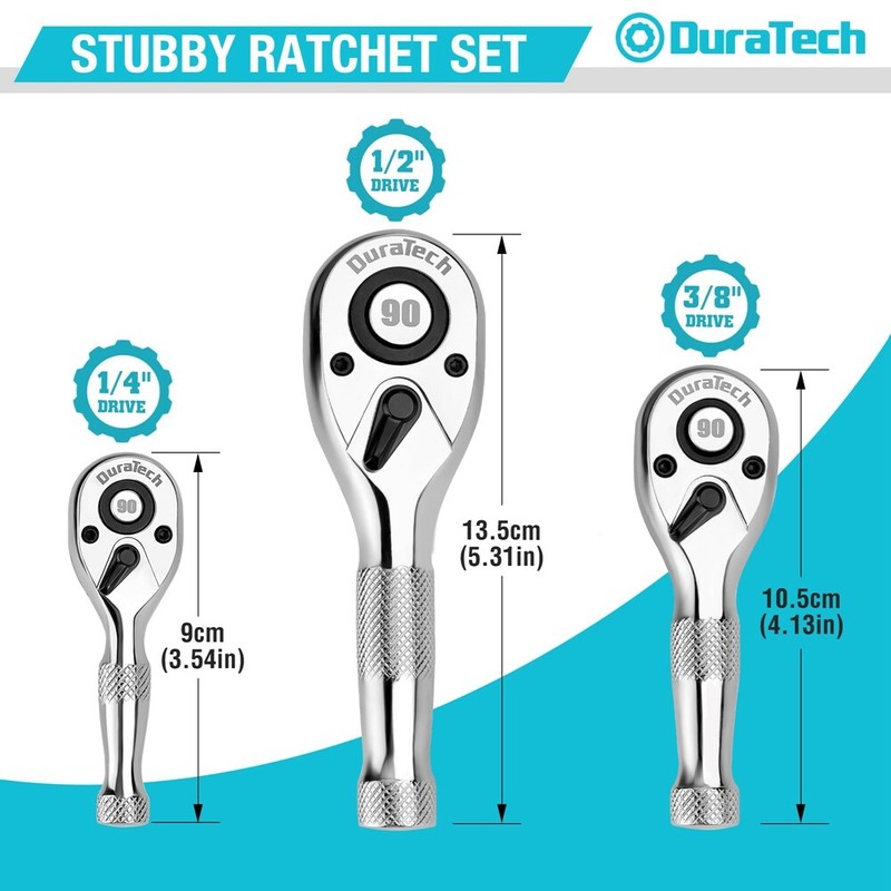 DURATECH 3PCS Stubby Ratchet Wrench Set 90-Tooth 1/4" 3/8" 1/2" Dr Socket Wrench gallery