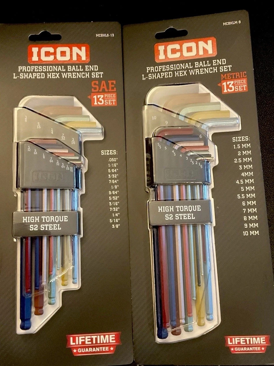 Icon Ball End L-Shaped Hex Wrench Set SAE & Metric S2 Steel 26 tools total gallery