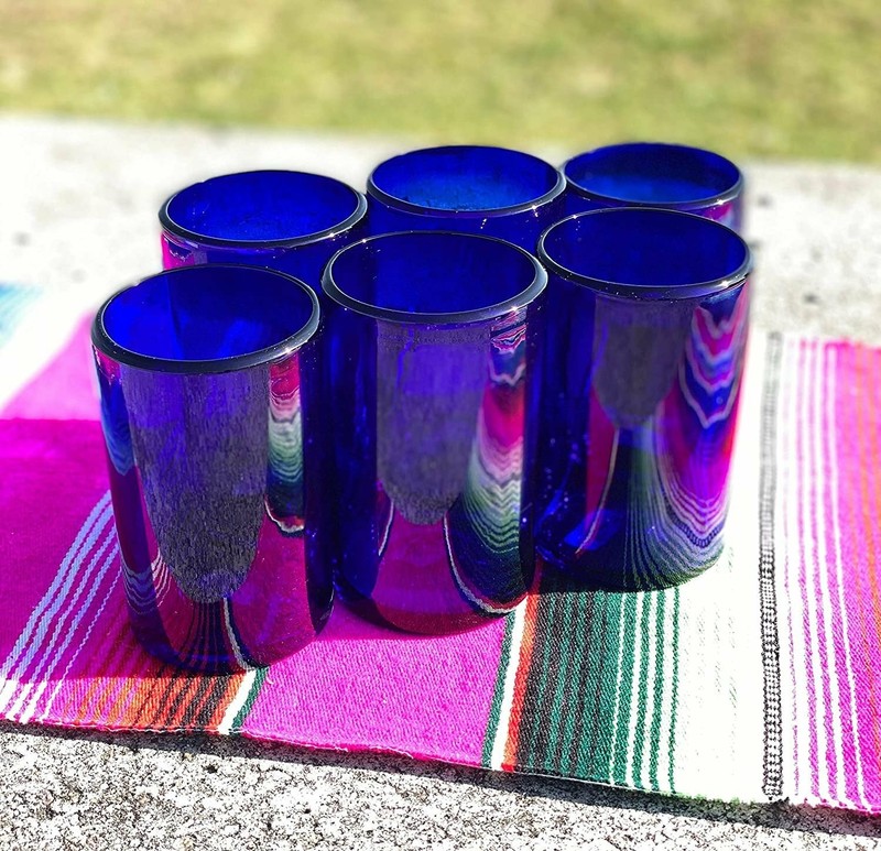 Hand Blown Mexican Drinking Glasses – Set of 6 Cobalt Water Glasses (14 oz each) gallery