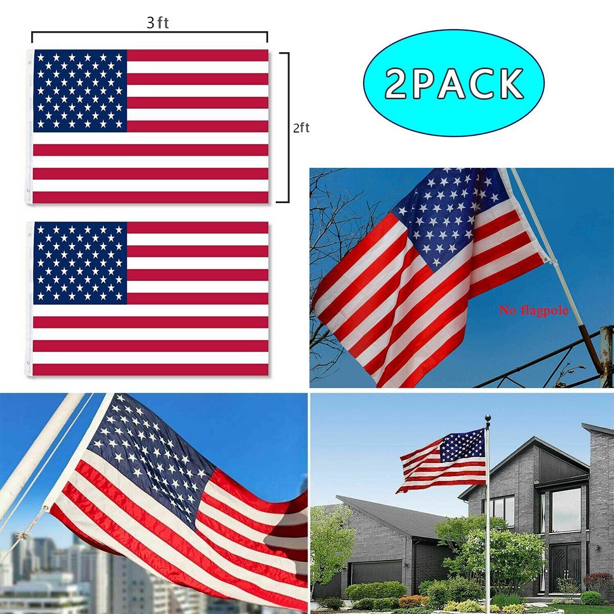 2PCS 2x3FT Premium USA Flag Canvas Header Brass Grommets Wind Resistant gallery