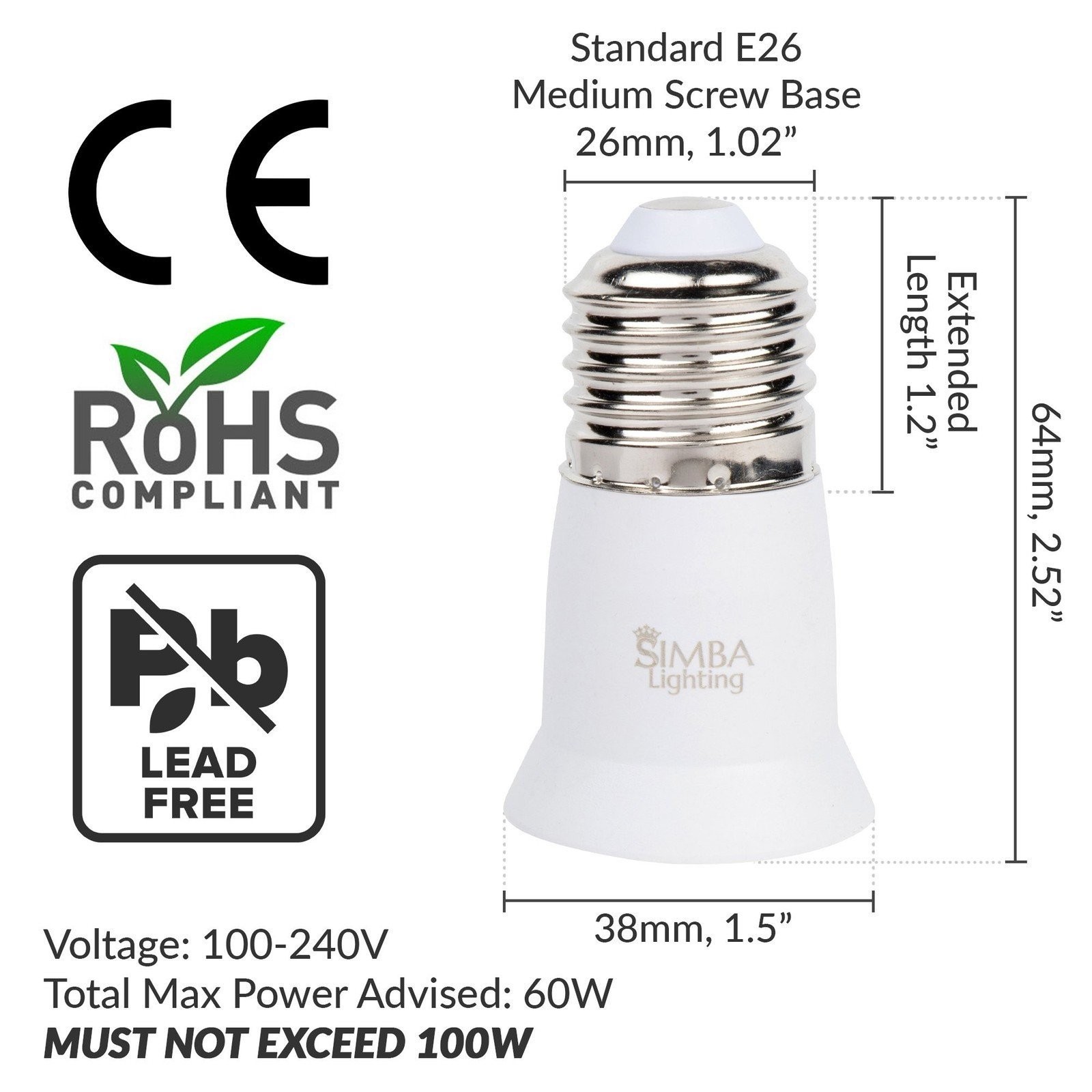 [4 Pack] Simba Lighting E26 Light Bulb Socket Extender 3cm / 1.2in Adapter White gallery