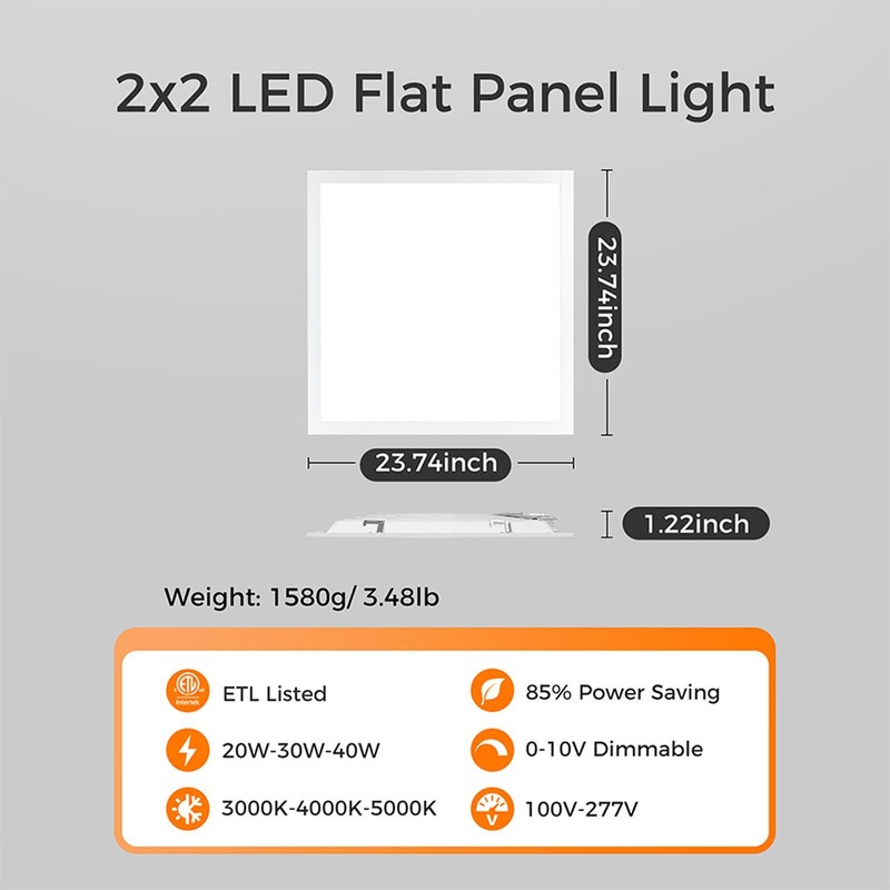 4 Pack 2x2 LED Flat Panel Light Drop Ceiling 0-10V Dimmable, 20/30/40W & 3CCT gallery