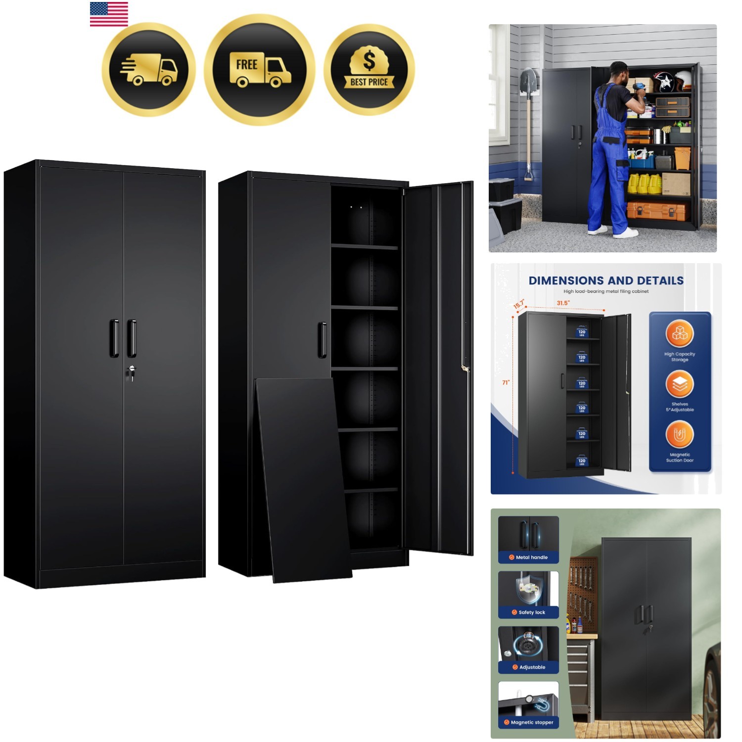 Metal Storage Cabinet with Lockable Doors and Adjustable Shelves Garage Office gallery