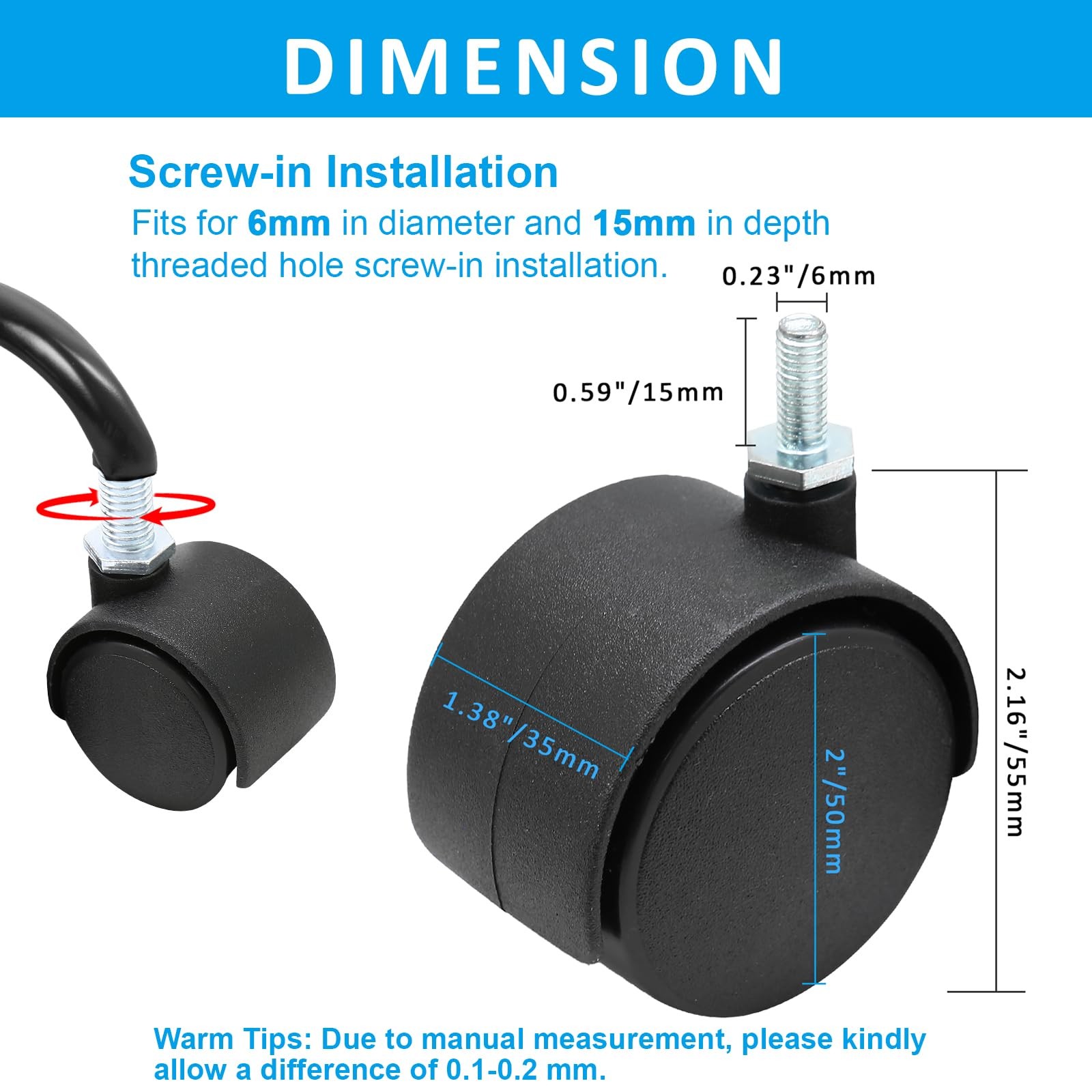 Swivel Caster Wheels 4pcs 2 Inch M6 Threaded Stem Black Heavy Duty Nylon gallery