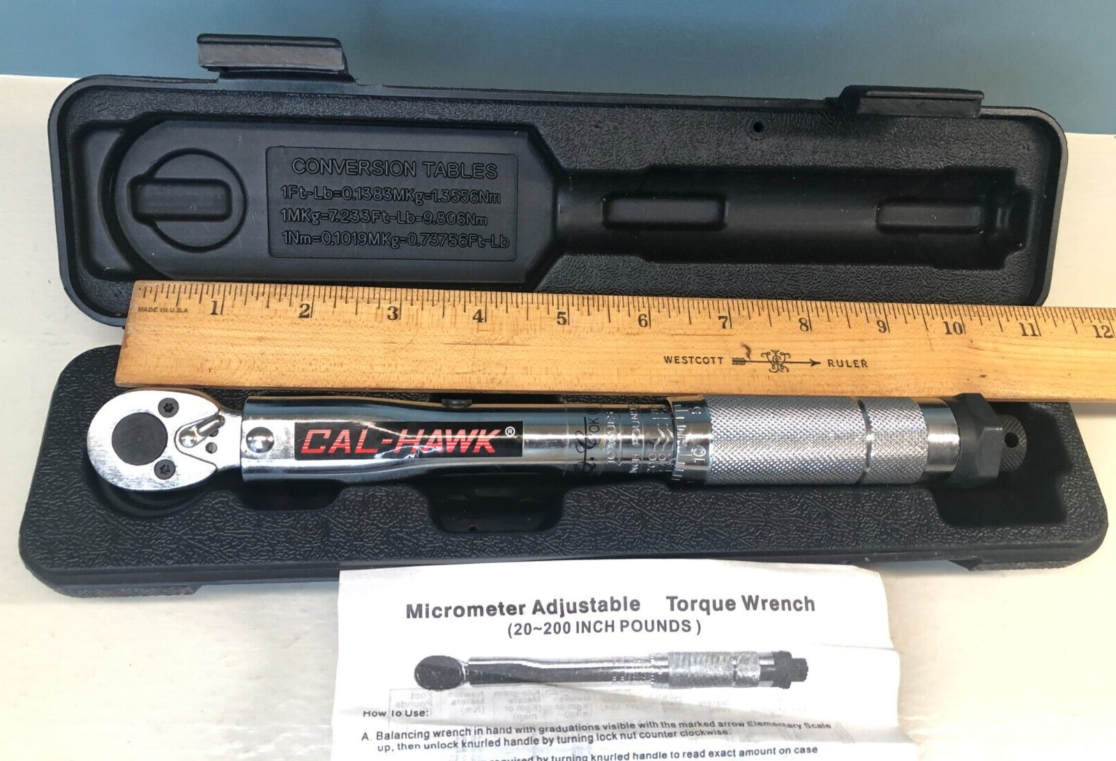 Cal-Hawk 1/4" drive Torque Wrench Micrometer Click Type 20-200 Pounds Little Use gallery
