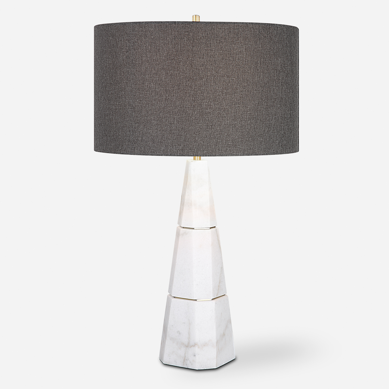 Luxe Tapered White Marble Pyramid Table Lamp 29 in Faceted Gray Veined Brass gallery