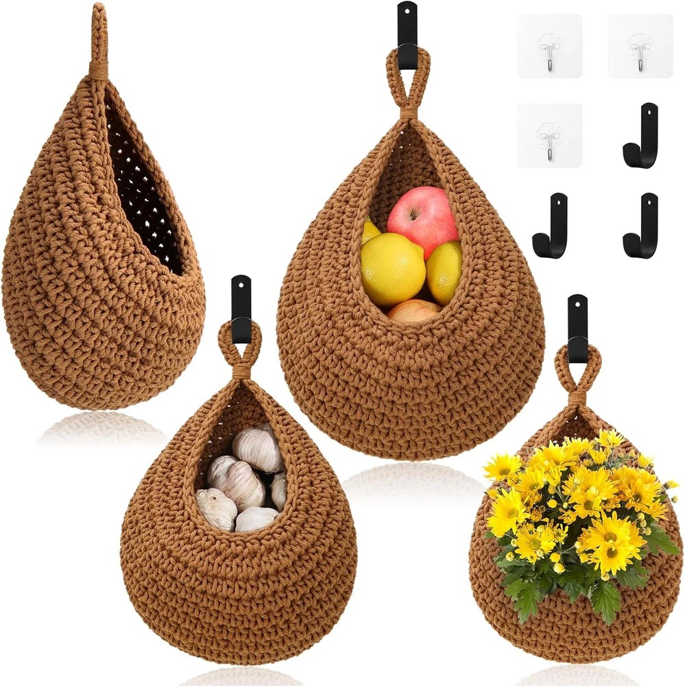 Hanging Fruit Baskets for Kitchen - 3 Pack Boho Wall Hanging Basket with 6 Pcs S