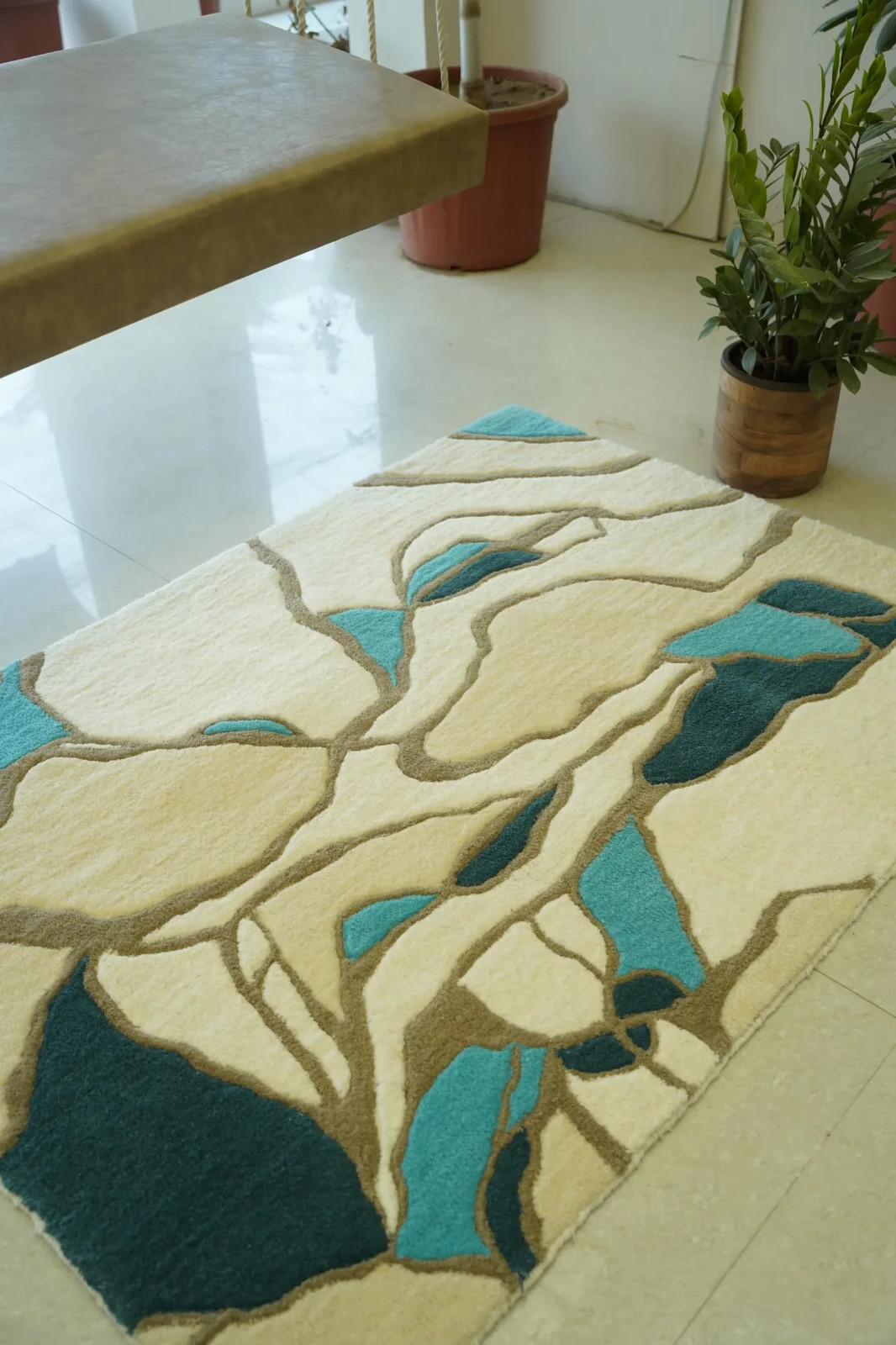 Hand Tufted Abstract Handmade Wool Rug Modern Area Rug in Ivory & Teal Carpet. gallery