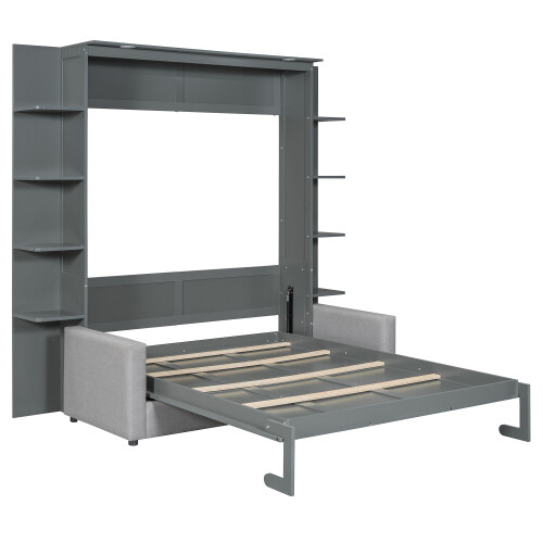 Queen Size Murphy Bed Wall Bed with Sofa Shelves and LED Lights Wood Hidden Beds gallery