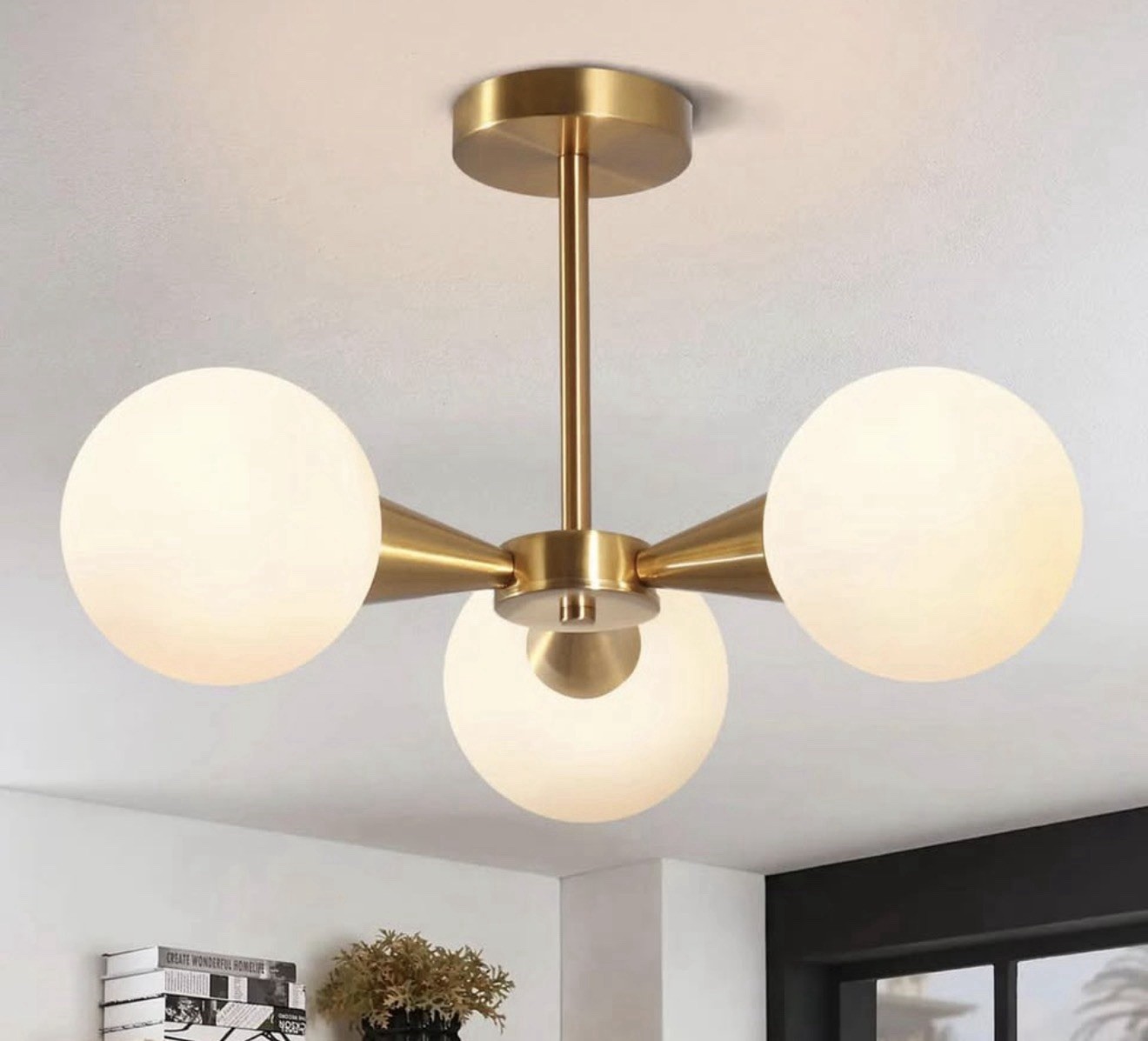 Bektas 3-Light Gold Semi Flush Mount Ceiling Light White Globe Fixture gallery