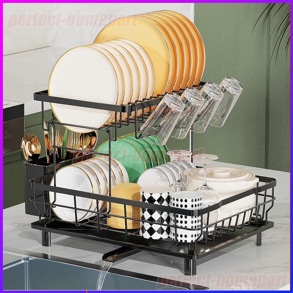 2 Tier Over Sink Dish Drying Rack Stainless Steel Kitchen Dish Drainer Organizer gallery