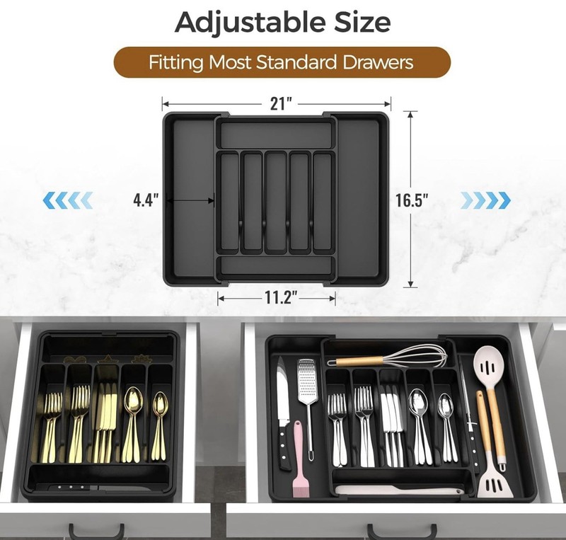 Extra Large Expandable Silverware Organizer –BPA-Free Food-Safe Cutlery Black gallery