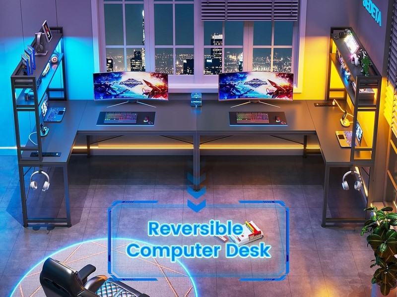 L Shaped Computer Desk, Small Corner Desk with LED Lights and Storage Shelves gallery