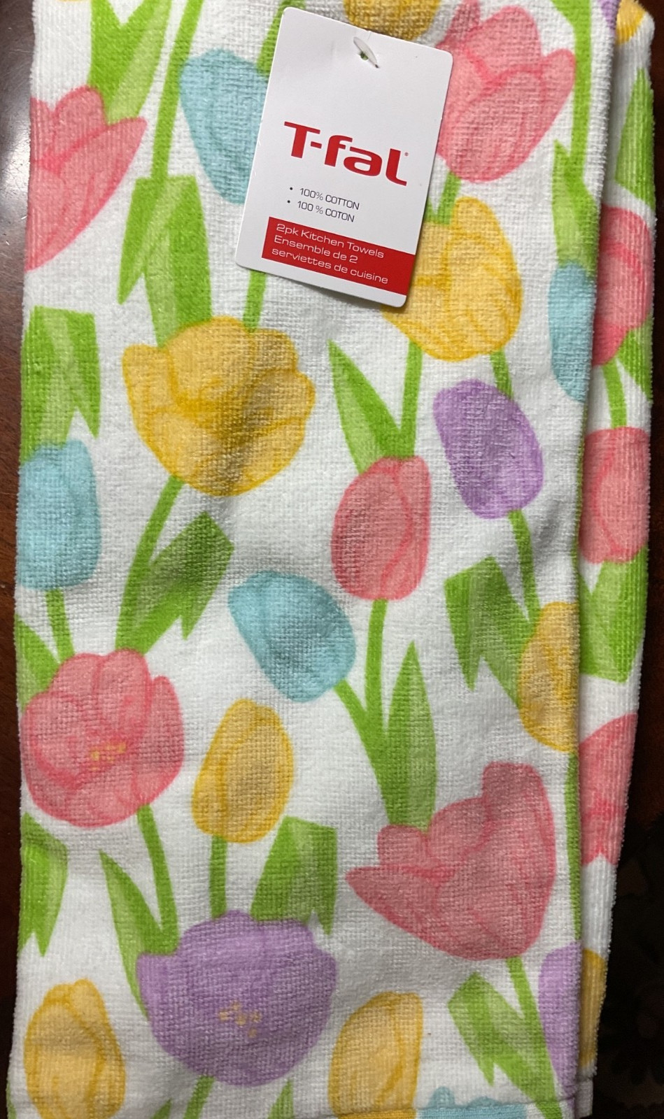 T-FAL KITCHEN TOWELS (2) TULIPS YELLOW PINK PURPLE GREEN PLUSH 100% COTTON NWT gallery