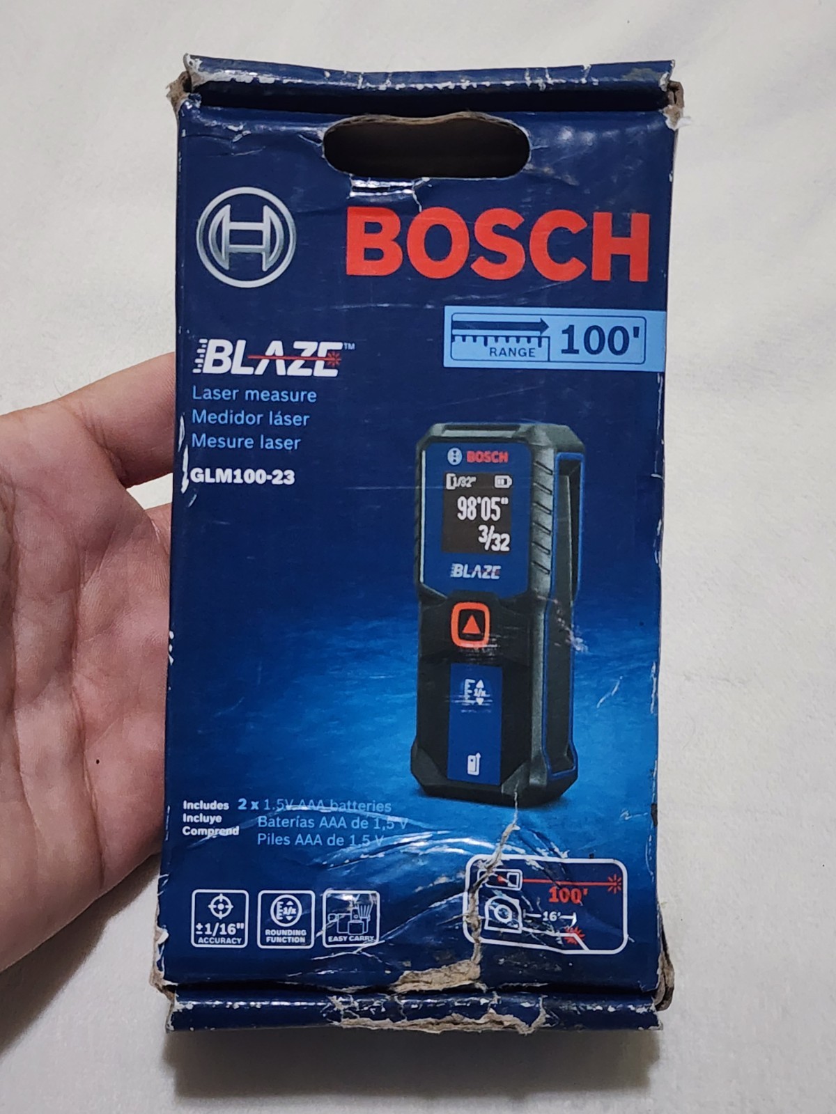 Bosch Blaze 100ft Backlit Laser Measure - Blue (GLM100-23) NEW PACKAGE DISTRESS gallery
