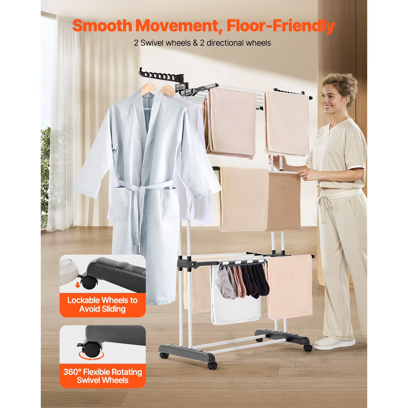 4 Tier Foldable Laundry Drying Rack 24 Rods Metal Clothes Dryer w/ Wheels gallery