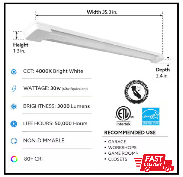 3 Ft. 30W 4000K Bright White LED Shop Light, 3000 Lumens, with Power Cord gallery
