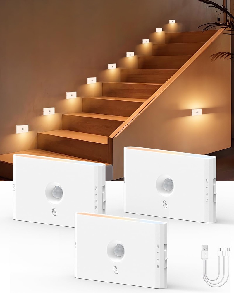 3-Pack Rechargeable Motion Sensor Stair Lights White, Dimmable Night Lights w...