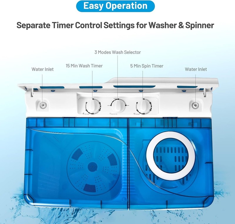 Portable Full-Automatic Top Load Washing Machine, 26lbs Capacity - Blue & White gallery