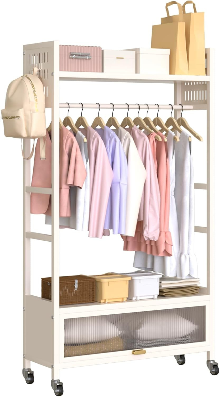 Portable Freestanding Garment Rack with Wheels & Hooks - Milky White 100CM gallery