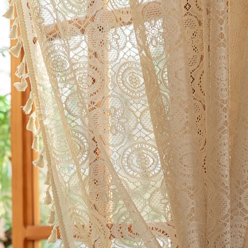 Boho Lace Curtain with Geometric Leaf Floral 60"W x 84"L (Pack of 1) Beige gallery