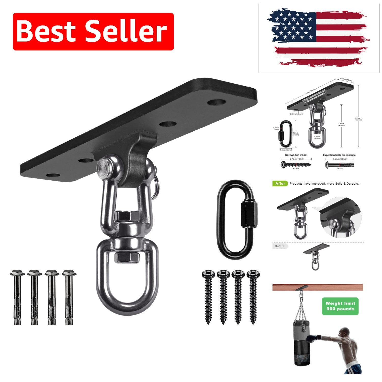 Heavy Bag Hanger, Wall Ceiling Mount Hook 360° Rotation Wood Beam Holder Body... gallery