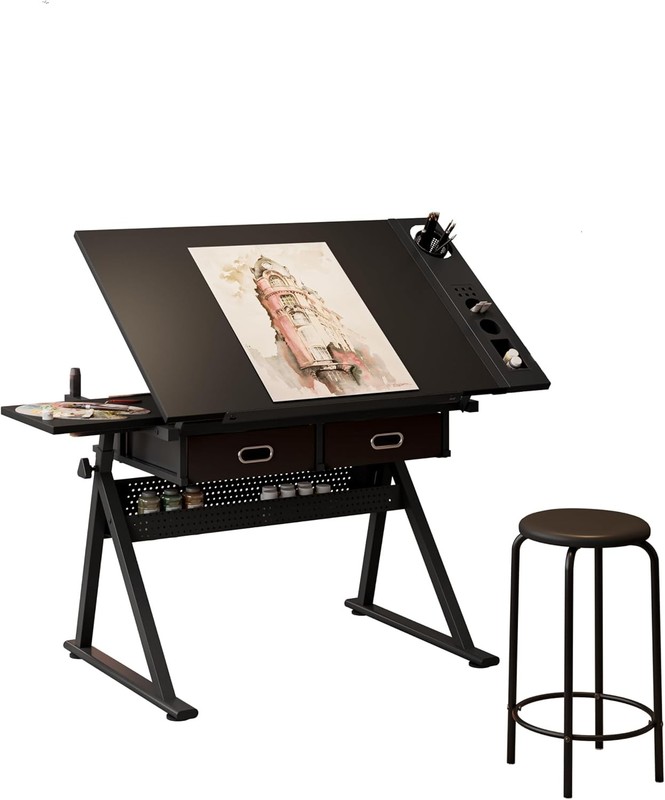 Adjustable Drawing Drafting Table Desk w/2 Drawers and 0-75° Tilting MDF Top gallery