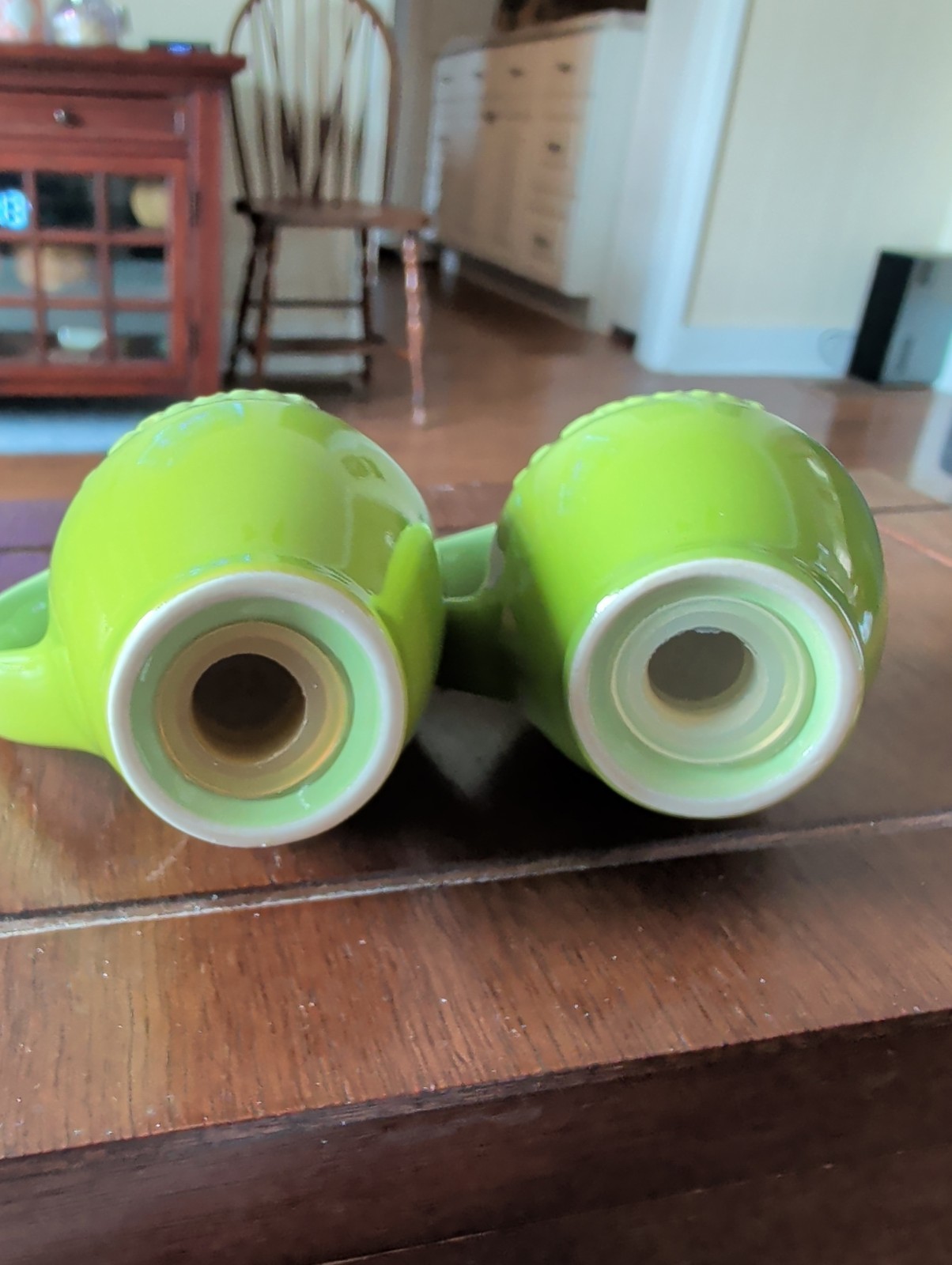 Le Creuset Salt & Pepper Shakers Light Green Farmhouse Pitcher Jug Style EUC gallery