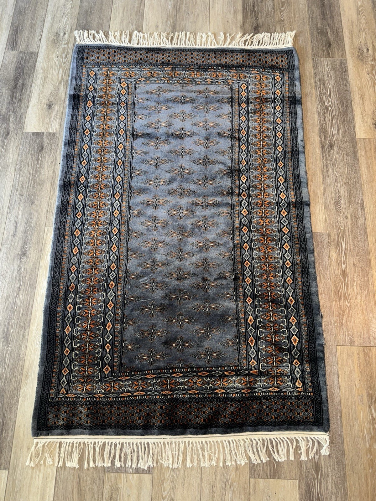 Hand Knitted Grey Blue Bokhara Wool Rug 67” X 38” Traditional Oriental Silky Rug gallery