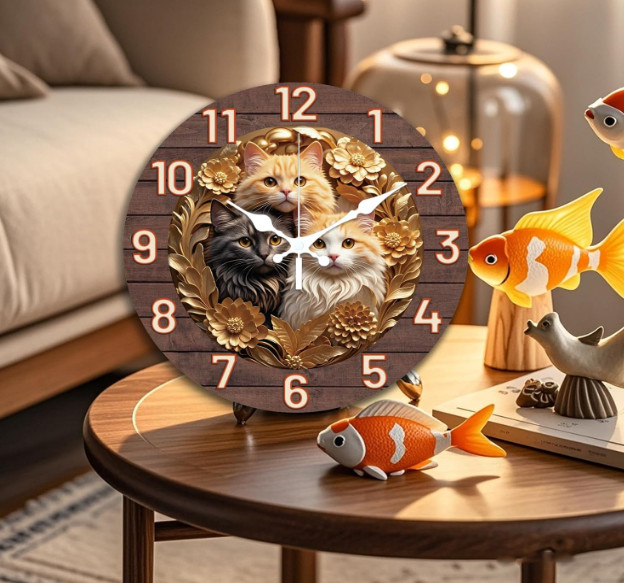 CHGCRAFT Cat and Flower Pattern Wall Clock 12 Inch Non-Ticking Clocks Flat Print gallery