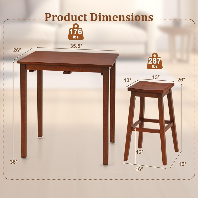 Bar Table and Chairs Set - 3-Piece Counter Height Dining Table Set with Hanga... gallery
