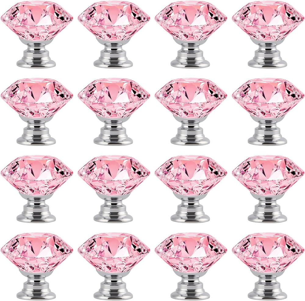 16 Pack Pink Crystal Cabinet Knobs 1.2" Diamond Glass, Girl Vanity Desk Handles,