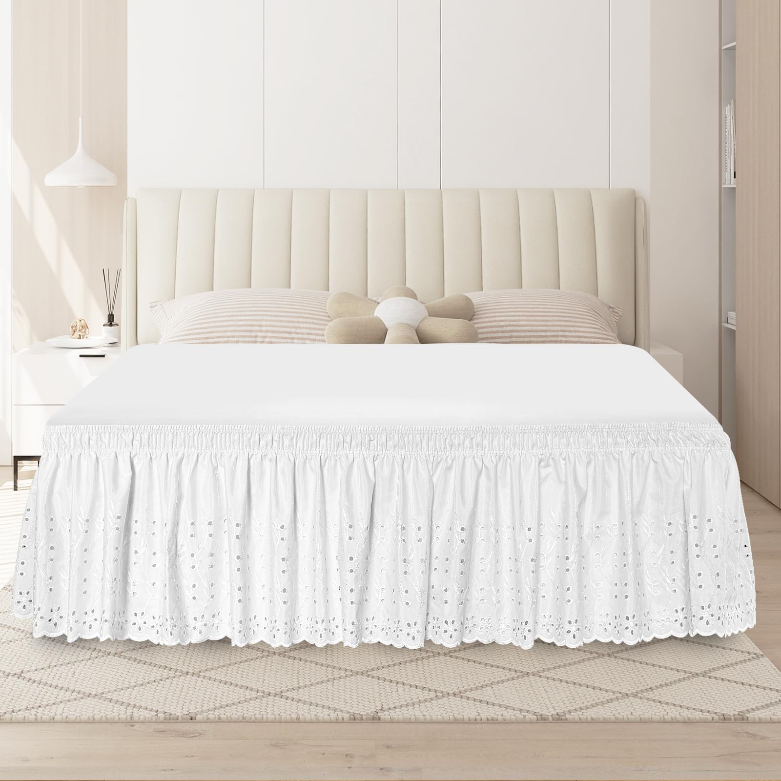 Queen Bed Skirt Wrap-Around Ruffled Eyelet Dust Ruffle 18" Drop White gallery