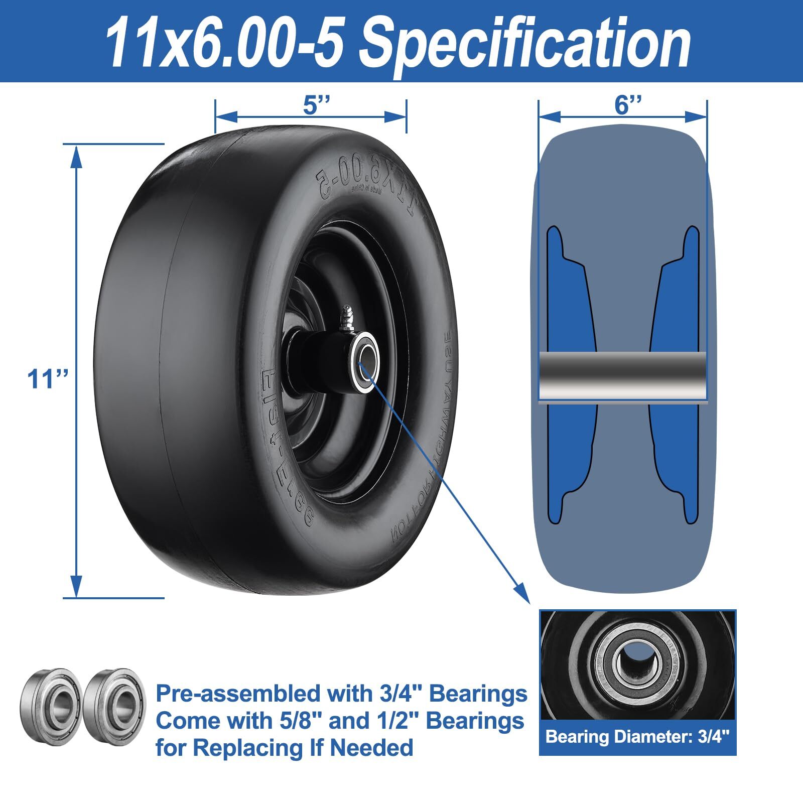 11x6.00-5 Flat Free Tire for Zero Turn Mower 400lbs Load Pack of 1 gallery