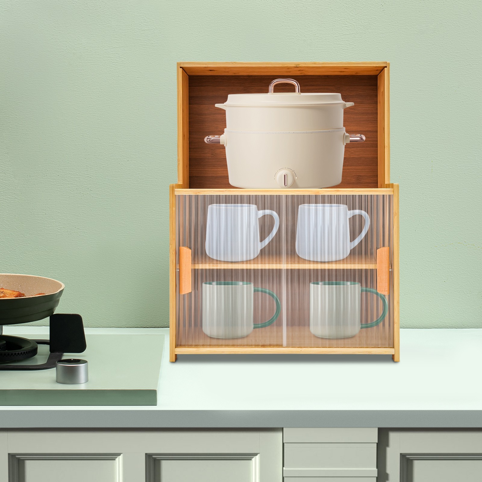 Log Color Kitchen Storage Cabinet W/sliding Doors Adjustable Tier Height Durable gallery