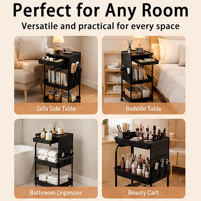 3-Tier Rolling Storage Cart with Pull-Out Drawer & Side Organizer, Heavy-Duty Ca gallery
