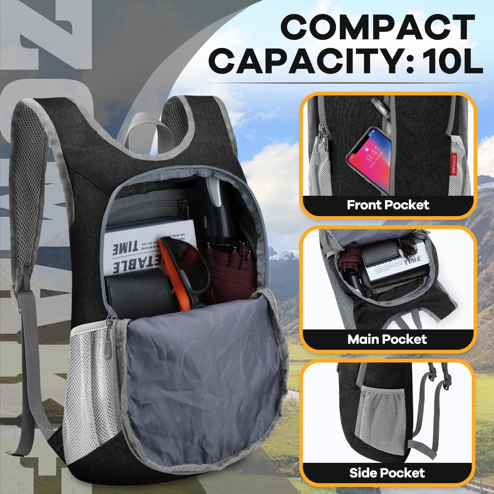 10L Ultra Lightweight Packable Backpack, Black, Water Resistant, Small, Hiking 3