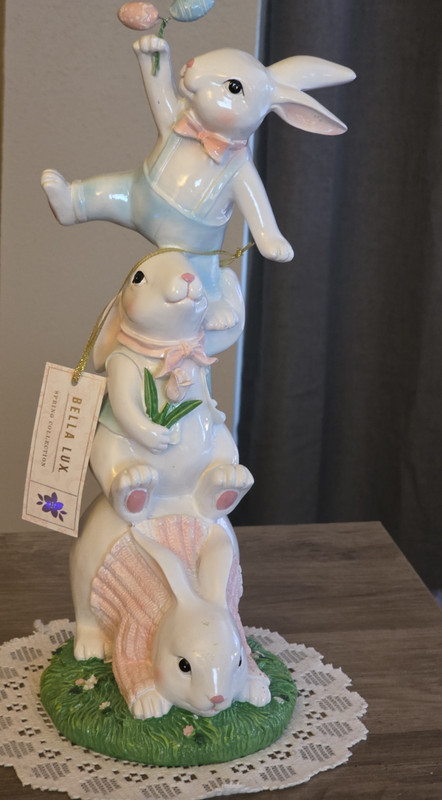 Bella Lux Easter Bunny Figurine 13” Spring Collection Stacked Rabbits Decor gallery